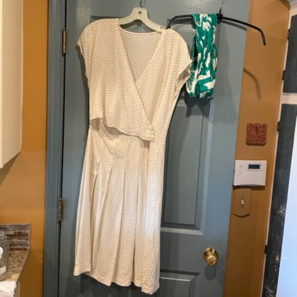 Vintage 80s silk dress w/complementary pattern jacket and sash, new, ivory/green - Picture 3 of 5